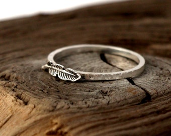 Feather ring sterling silver. Tiny sterling silver ring, stacking ring, hammered band ring