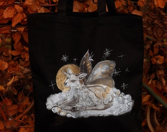 Hand-painted black cotton bag with a dreamy fawn.