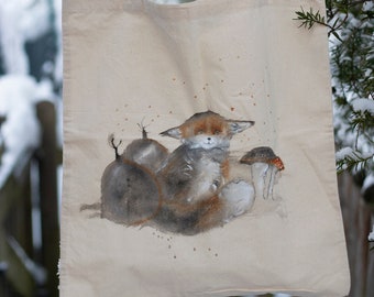 hand-painted cotton bag with a fox.