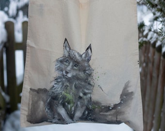 Hand-painted cotton bag with a wolf