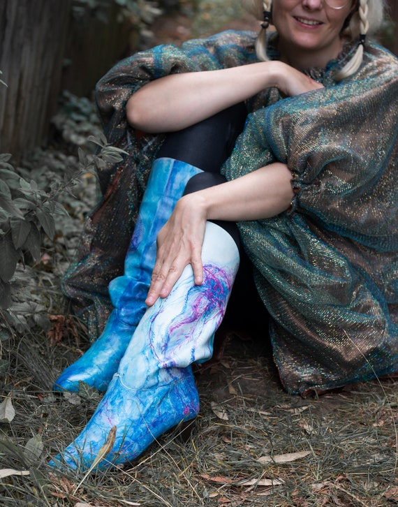 Exceptional Hand painted Leather Vintage Boots With Pink Jellyfish