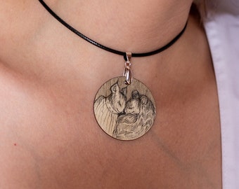Hand-painted wooden pendant with imitation leather chain