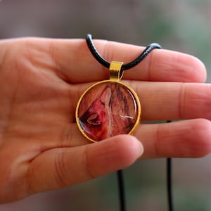 Könnte beinhalten: Eine goldene Halskette mit einem runden Anhänger, der ein rotes und braunes Bild eines Wolfskopfes zeigt. Die Kette hat eine schwarze Schnur.