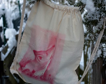 hand-painted cotton backpack with a fox.