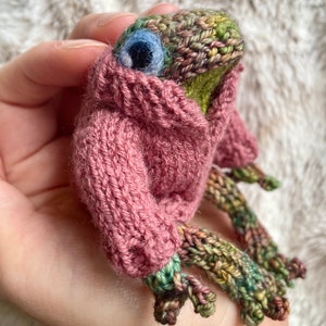 May include: A handmade knitted frog doll with a pink sweater. The frog has blue eyes and multi-colored legs and head. The frog is made of yarn and is a unique, handcrafted item.