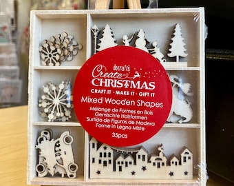 Wooden Shapes Christmas Snowy Town Winter Mixed