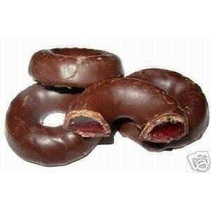 May include: Four chocolate-covered donut rings with a red jelly filling. The donuts are arranged in a pile with the jelly filling visible.