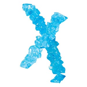 May include: A bright blue, crystalline letter "X" against a white background. The letter is formed from numerous irregular, translucent, ice-like shapes, creating a textured appearance. The overall effect is a three-dimensional, sparkling design.
