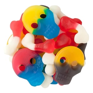 May include: A colorful assortment of gummy candies in the shape of skulls and bones. The skulls are yellow, blue, red, and black. The bones are red and white. The candies are arranged in a circular shape against a white background.