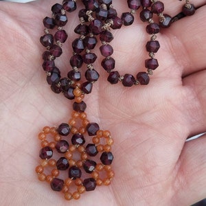 Star-Cut Garnet Necklace with Round Carnelian Hand-Woven Beaded Flower Pendant