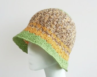 Cloche summer hat women Colorful strip cotton hat Handmade Crochet bucket hats Sunhat for women