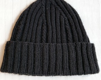 Black Wool Beanie - Ribbed Fisherman Hat - Winter Knit Hats Large Mens