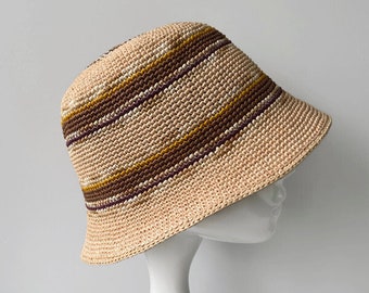 Striped Raffia Bucket Hat - Colorful Summer Sun Hat for Men and Women Garden Straw Hat