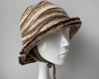 Rainbow Bucket Hat with Ear Flaps Striped Wool Cloche Hat for Women