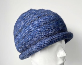 Soft Wool Beanie Roll Brim Lightweight Blue Handknit Wool Hat for Women