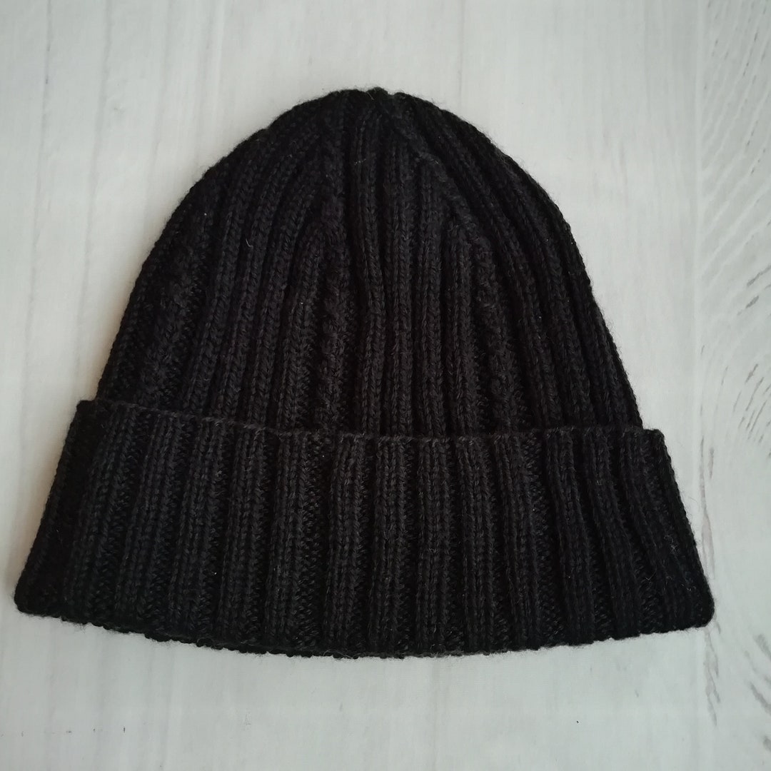 Black Fisherman Beanie Xxl, Mens Wool Beanie, Cuffed Beanie Man