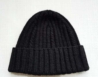 Mens Beanie Pure Merino Ribbed Hat Black Wool Hat for Men Hand Knit Beanie Hat Fisherman Beanie