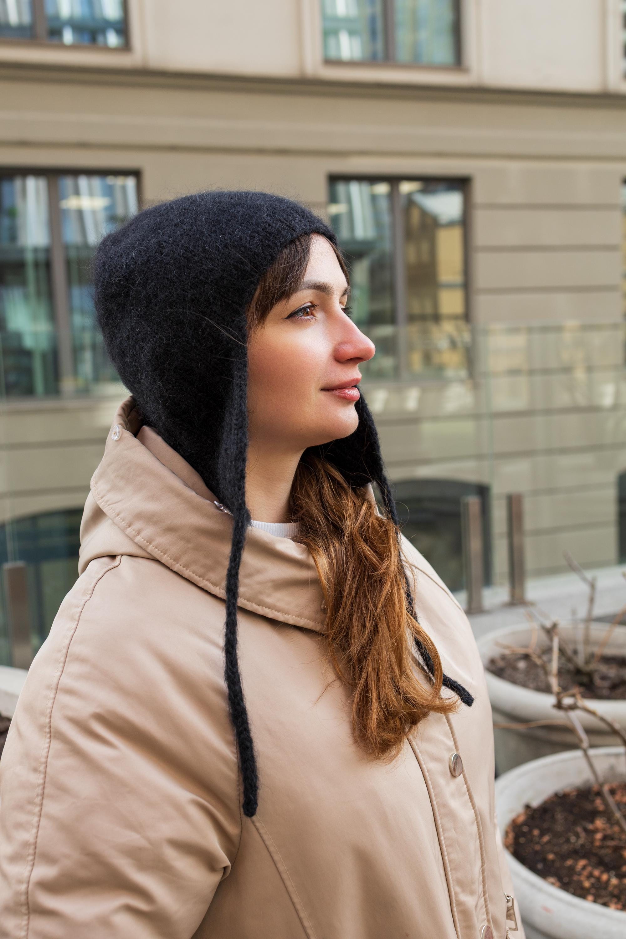 Cozy Black Ear Flap Beanie | Hand Knitted Wool & Mohair Aviator