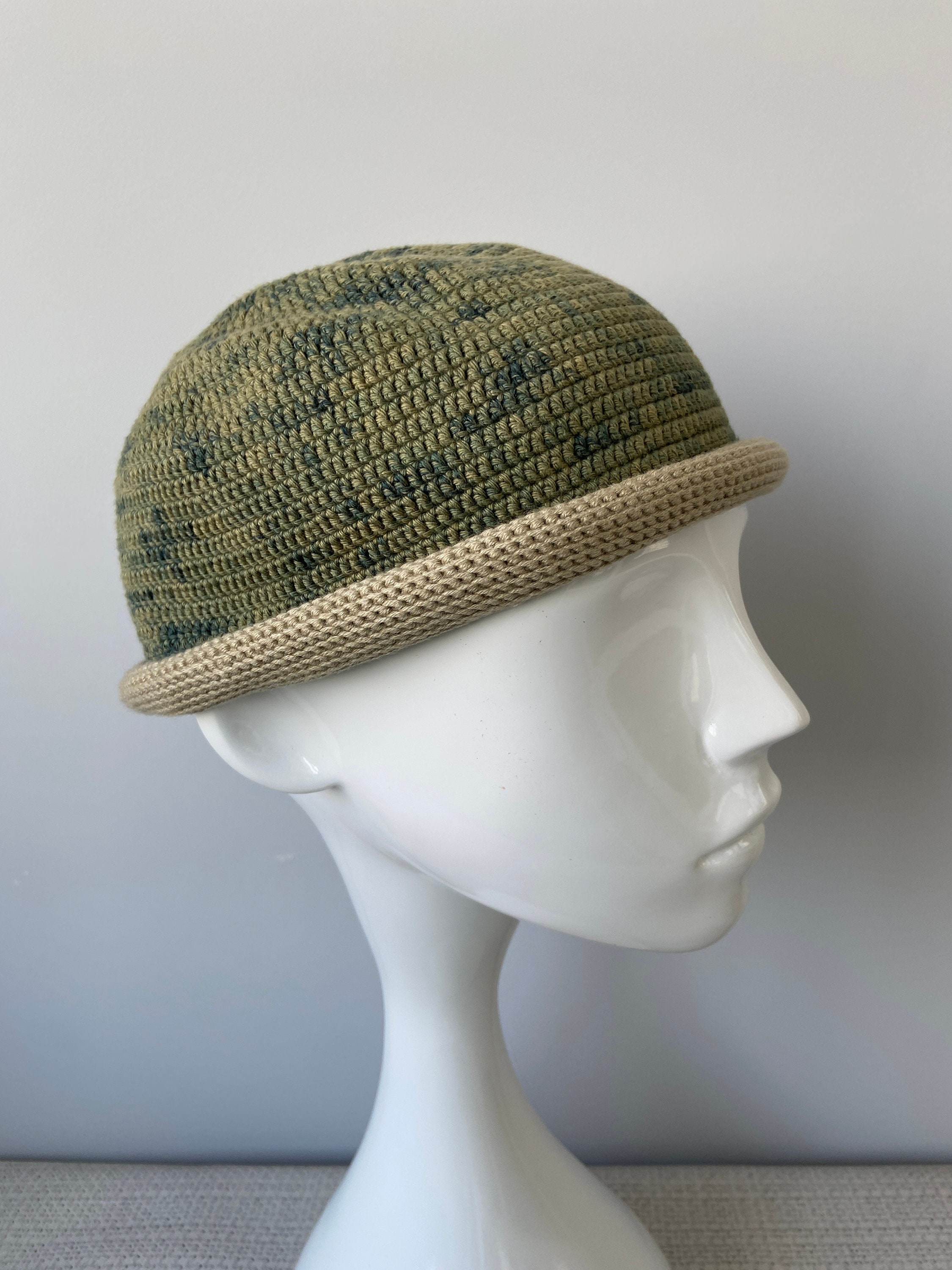 Rolled Brim Hat Summer Short Beanie Docker Cap Olive Green Hat Men's