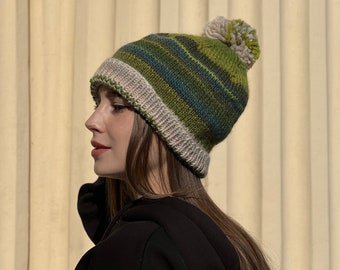 Hand Knit Wool Beanie: Green Striped Pompom Slouch Hat