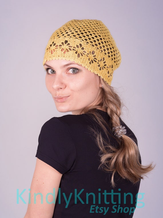 Sunshine Lac Skull Cap Handmade Yellow Crochet Beanie for Women