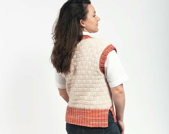V-neck Sweater Vest Womens Cable Cotton Cropped Top Handmade Vest Waistcoat