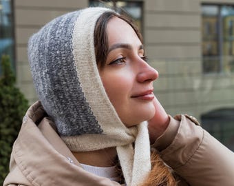 Wool Bonnet Hat Knit Hood with Ties  Women  Winter  Hat