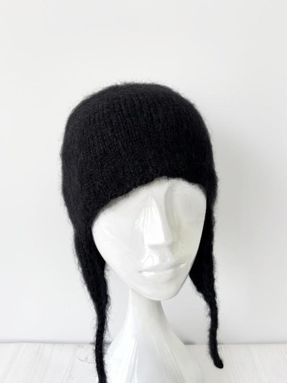 Cozy Black Ear Flap Beanie | Hand Knitted Wool & Mohair Aviator