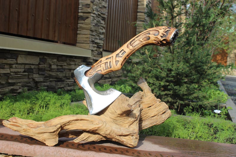 VIKING AXE Hand Forged with Carved Handle Nordic Barbarian High Carbon Steel