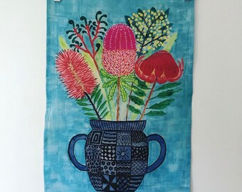 Linen Teatowel - Teatowel Art - Australian Native Flowers Painting - Housewarming Gift - Modern Home Decor