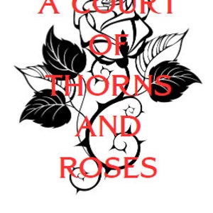 May include: A book cover featuring the title "A Court of Thorns and Roses" in red lettering. A black and white rose illustration is central, with the author's name, Sarah J. Maas, at the base.
