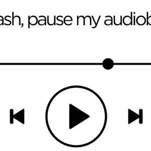 May include: Black and white graphic of an audiobook player interface. The text reads "If I crash, pause my audiobook." Features include play/pause, skip, and shuffle icons, along with a progress bar and a heart symbol.