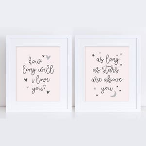 How Long Will I Love You? As Long as Stars are Above You - Set of 2 Prints - Soft Pink - Wall Art - Baby Nursery Decor - Stars - Hearts