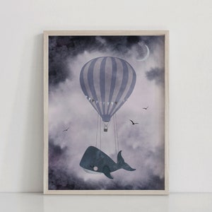 Sleepy Whale - Whimsical Nursery Print - Baby Nursery Decor - Night Sky - Hot Air Balloon - Grey - Modern - Illustration - Watercolour - Sea