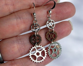 Cog Steampunk Earrings, Steampunk Jewellery, Rose Cog Earrings, Steampunk Gear Earrings, Clip On Girls Cog Gear Earrings, Non Pierced Ears