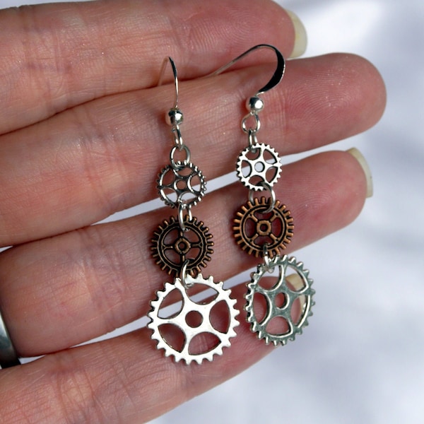 Cog Steampunk Earrings, Steampunk Jewellery, Rose Cog Earrings, Steampunk Gear Earrings, Clip On Girls Cog Gear Earrings, Non Pierced Ears