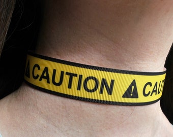 Yellow Caution Chokers, Halloween Jewelry, Fun Warning Chokers, Do Not Cross Chokers, Danger Theme Chokers, Thin Caution DO NOT CROSS Choker