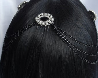 Gothic Black Bridal Hair Chain, Black Diamante Hair Accessory, Gothic Black Bride Wedding Hair Piece, Black Bridal Head Dress