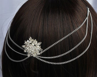 Silver Diamante Brides Hair Chain and Pins, Rhinestone Bridal Head Piece, Silver Diamante Wedding Prom Hair Piece, Silver Glam Hair Chain