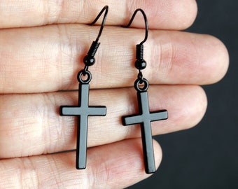 Black Cross Shaped Earrings, Black Christian Cross Earrings, Christian Cross Jewellery, Gothic Black Cross Dangle Drop Earrings