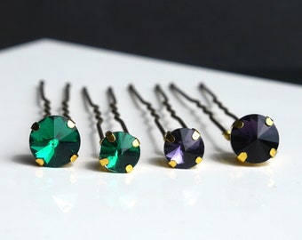 Emerald Green Hair Grips, Purple Green Ballet Hair Pins, Amethyst Hair Pins, Amethyst Purple Hair Grips, Green Gold Flower Girl Hair Pins,