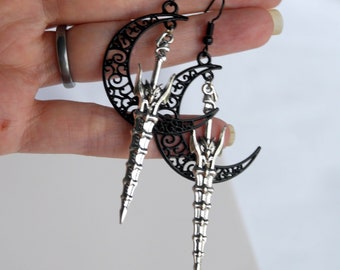 Fantasy Blade Sword and Moon Earrings, Antique Medieval Sword Earrings, Witchy Pagan Earrings, Girl Gamer RPG themed Earrings