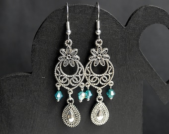 Silver Filigree Chandelier Earrings: Blue Glass Boho Dangles