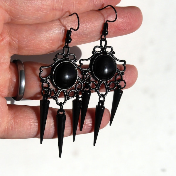 Black Spike Filigree Earrings, Gothic Spike Earrings, Black Statement Earrings, Black Spiky Earrings, Black Chandelier Boho Hippie Earrings