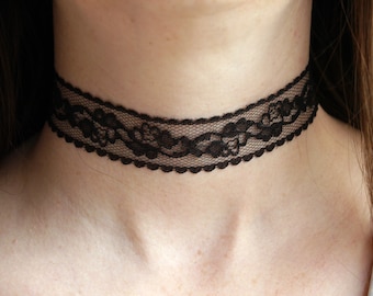 Black Lace Choker Necklace, Bohemian Black Choker, Floral Black Lace Choker, Simple Black Delicate Lace Choker, Extra Long Black Chokers