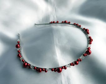 Red Wedding Prom Event Hair Accessory, Thin Red Pearl Tiara Band, Red Hair Accessory, Red Bridesmaid Hair Piece, Red Colour Head Hair Band