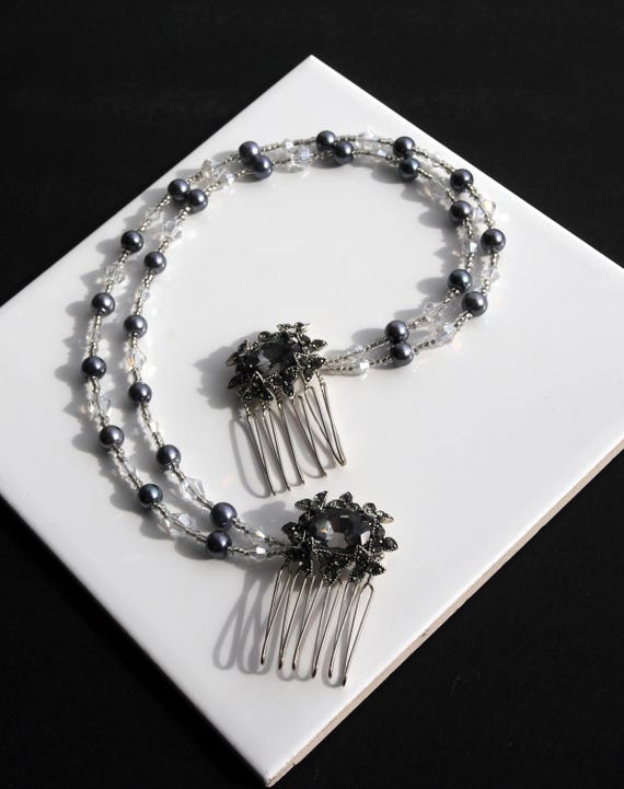 Black Rhinestone Hair Chain, Gothic Dark Wedding Hair Accessory, Diamante Bride Prom Event Hair Accessory, Alternative Style Hair Piece