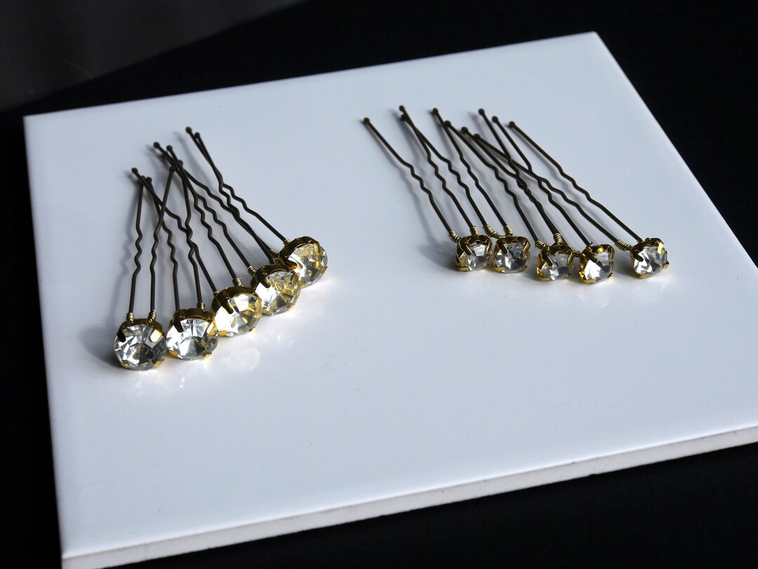Clear Diamante Gold Hair Pins, Circular Rhinestone Gold Hair Grips