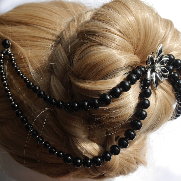 Gothic Long Black Bridal Hair Chain, Gothic Black Bridal Hair Piece, Black Gothic Wedding Prom Hair Accessory, Black Hair Chain and Pins,