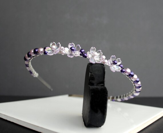 Purple Pearl Tiara With Resin Flowers: Wedding Hair 